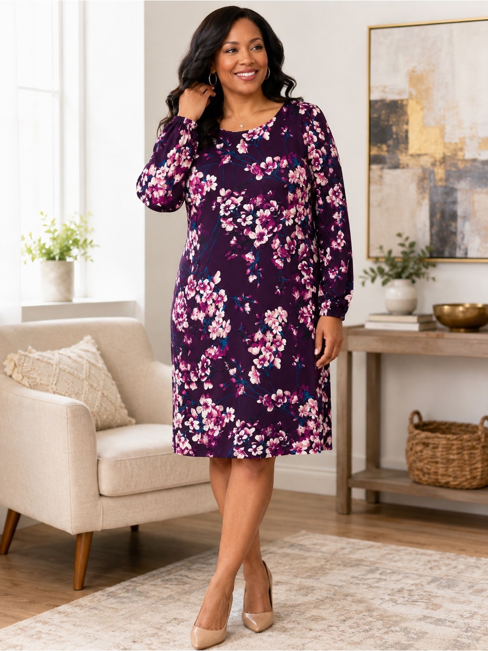 Tommy Hilfiger Size 12 Purple Floral Long Sleeve Stretch Shift Dress